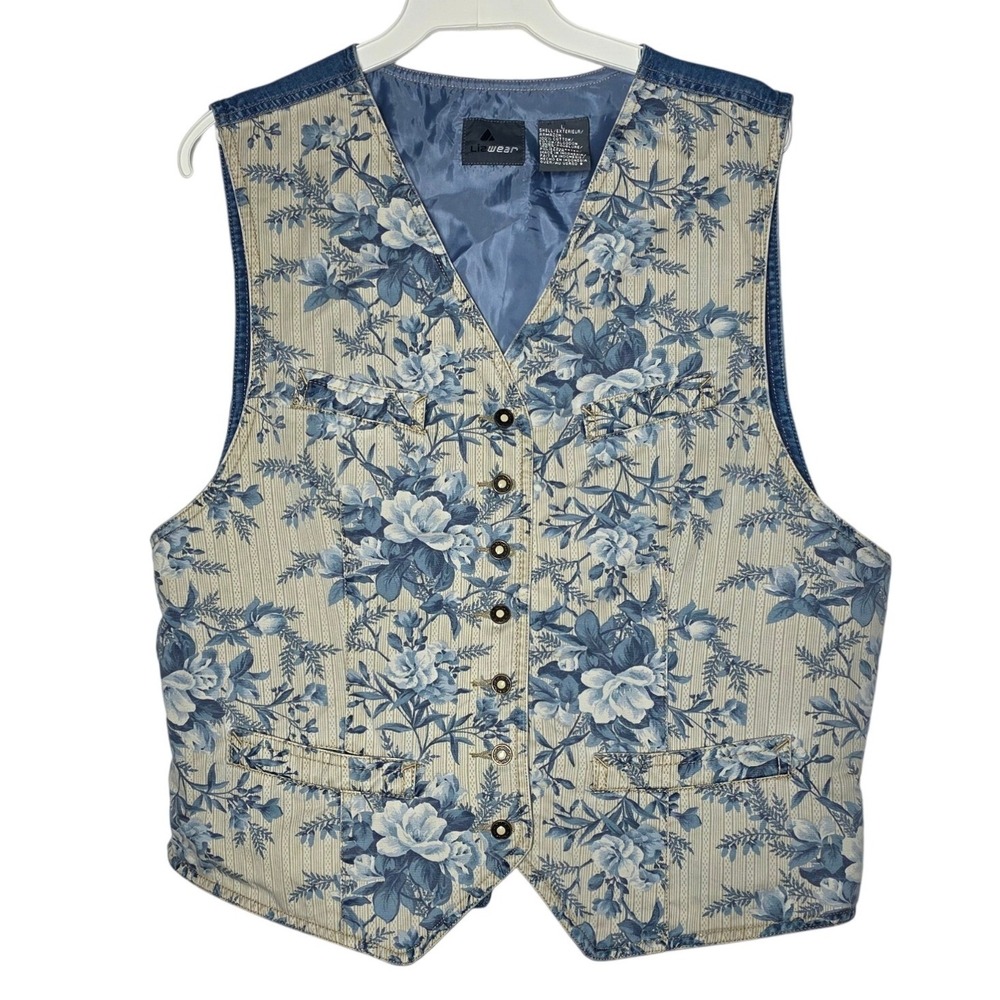 Lizwear Vintage 90s Floral Denim Vest Large Blue Cottagecore Cinch Back Lizwear